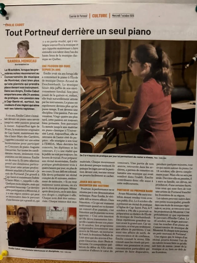 🎶 Merci à Sandra Mongeau du Courrier de Portneuf pour cet article sur Emily Cabot qui enseigne son instrument à l'École de Musique Denys-Arcand! 🙏🏼

Emily sera en concert ce vendredi à 19h30 à notre point de service de Deschambault. À ne pas manquer! 🎹