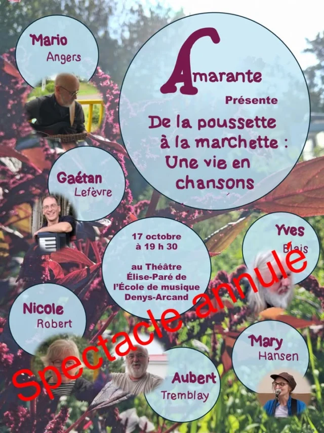 Malheureusement, pour des raisons hors de notre contrôle, nous devons annuler le spectacle d'Amarante qui était prévu le 17 octobre.